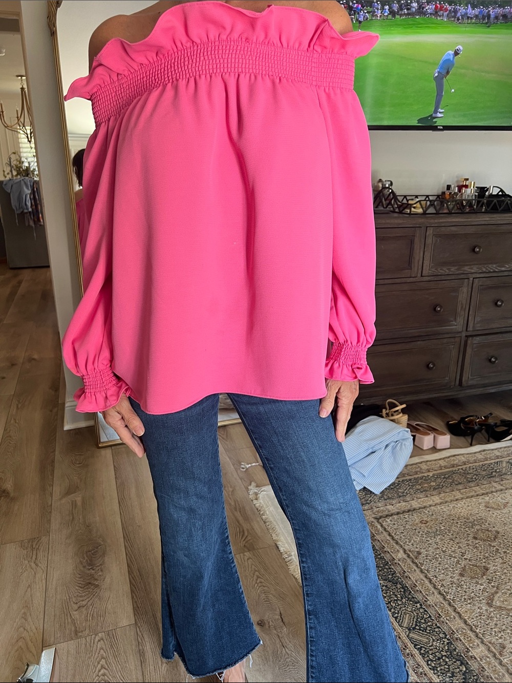 Tuckernuck Off-Shoulder Smocked Ruffle Blouse in Bright Pink